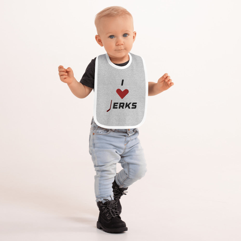 I Love Jerks Hockey Fan Embroidered Baby Bib